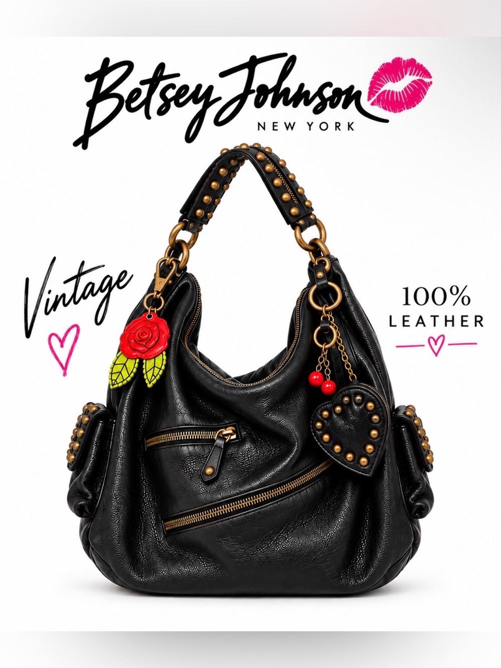 Betsey Johnson Black Leather Hobo Bag Vintage